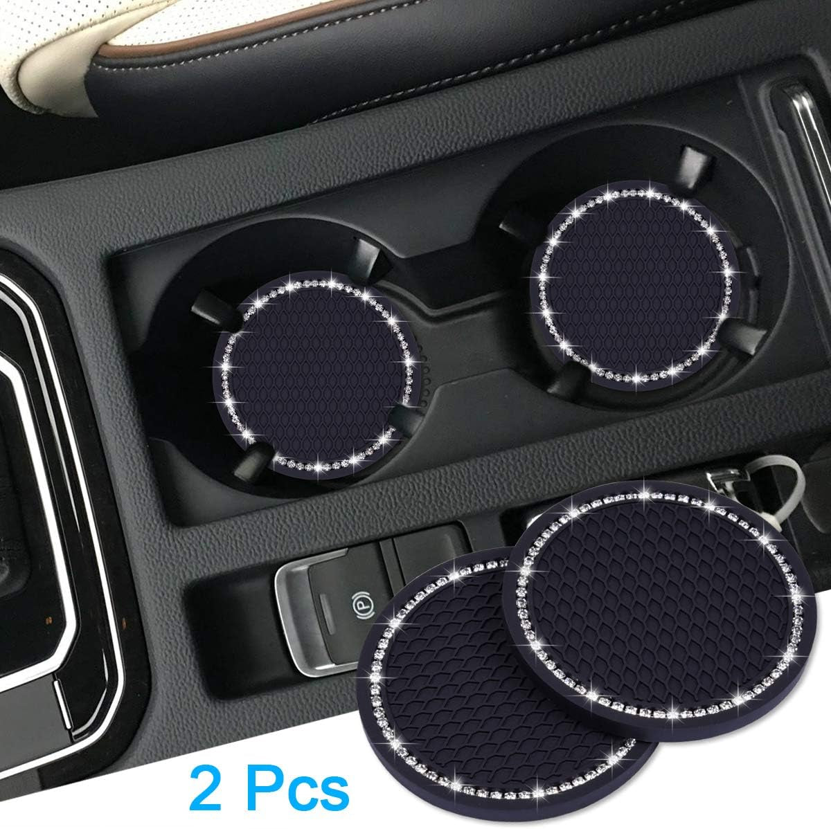 Bling Car Coasters,  2 Pack PVC Car Cup Holder Insert Coaster - anti Slip Universal Vehicle Interior Accessories Crystal Glitter Cup Mats for Women and Men(2.75" Diameter, Black)